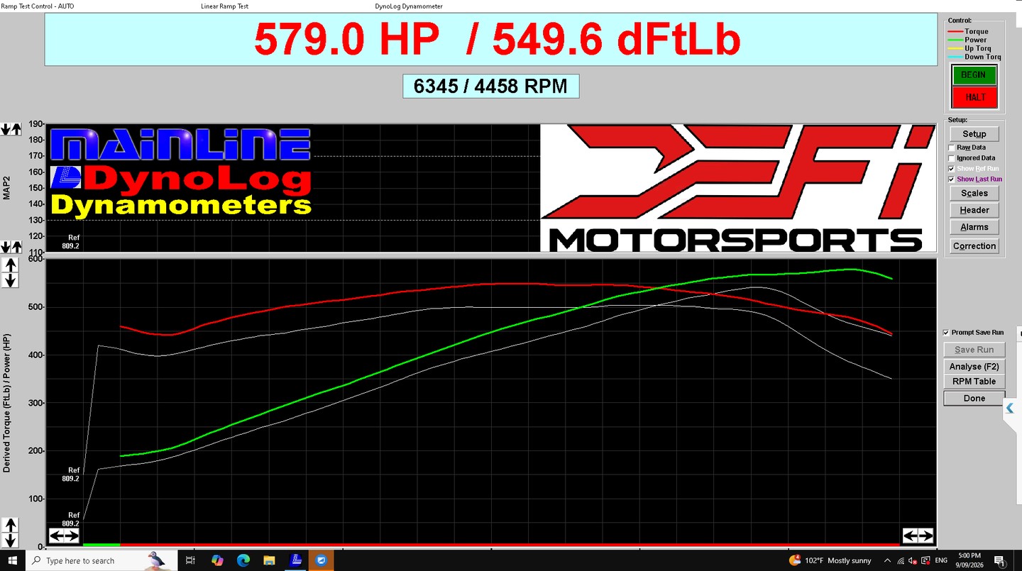 Dyno overlay of the DEFI E30 calibration against a Magnuson 91-octane calibration pull on a supercharged C8 Corvette, with the DEFI curve holding power to the end of the pull