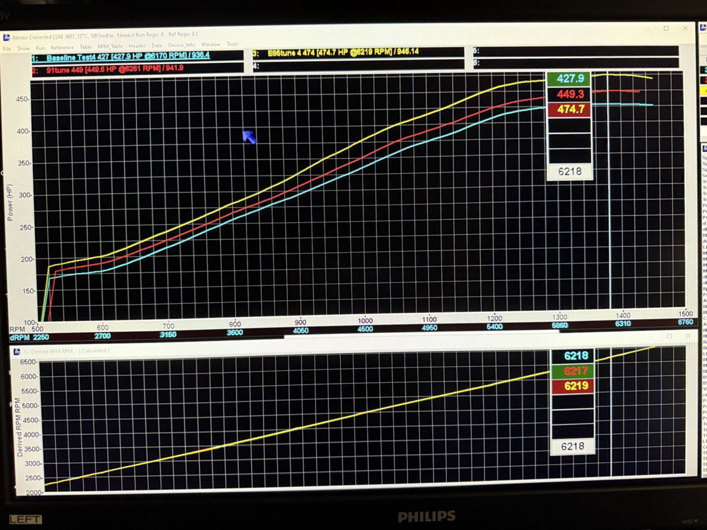 Before and after dyno curves overlaid for a C8 Corvette Stingray, showing the gain from a DEFI Motorsports calibration