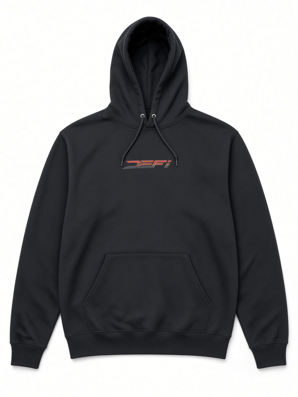 Close-up of the red DEFI mark on the chest of the black hoodie