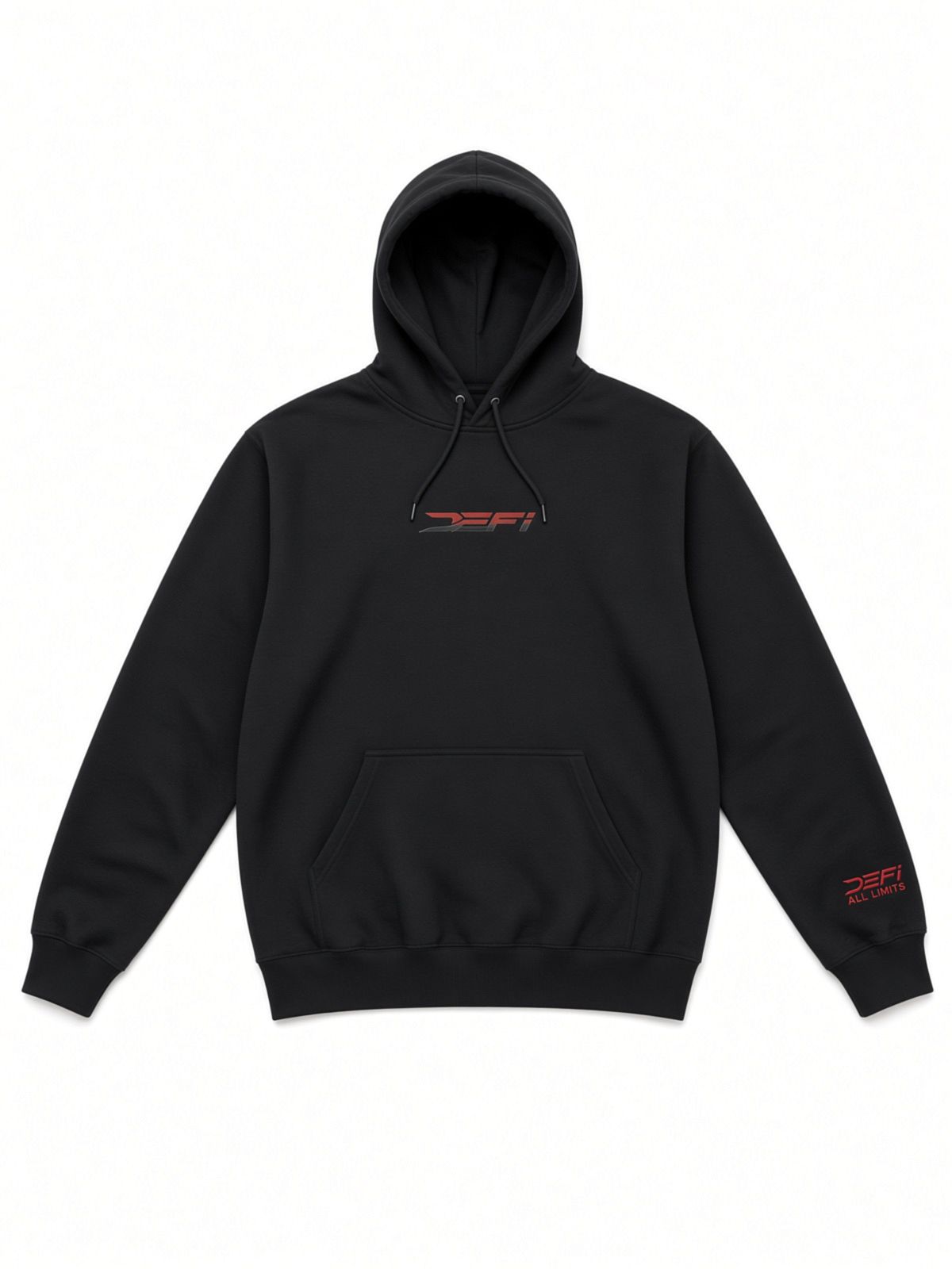 Black DEFI Motorsports hoodie, front, with the red DEFI mark on the chest