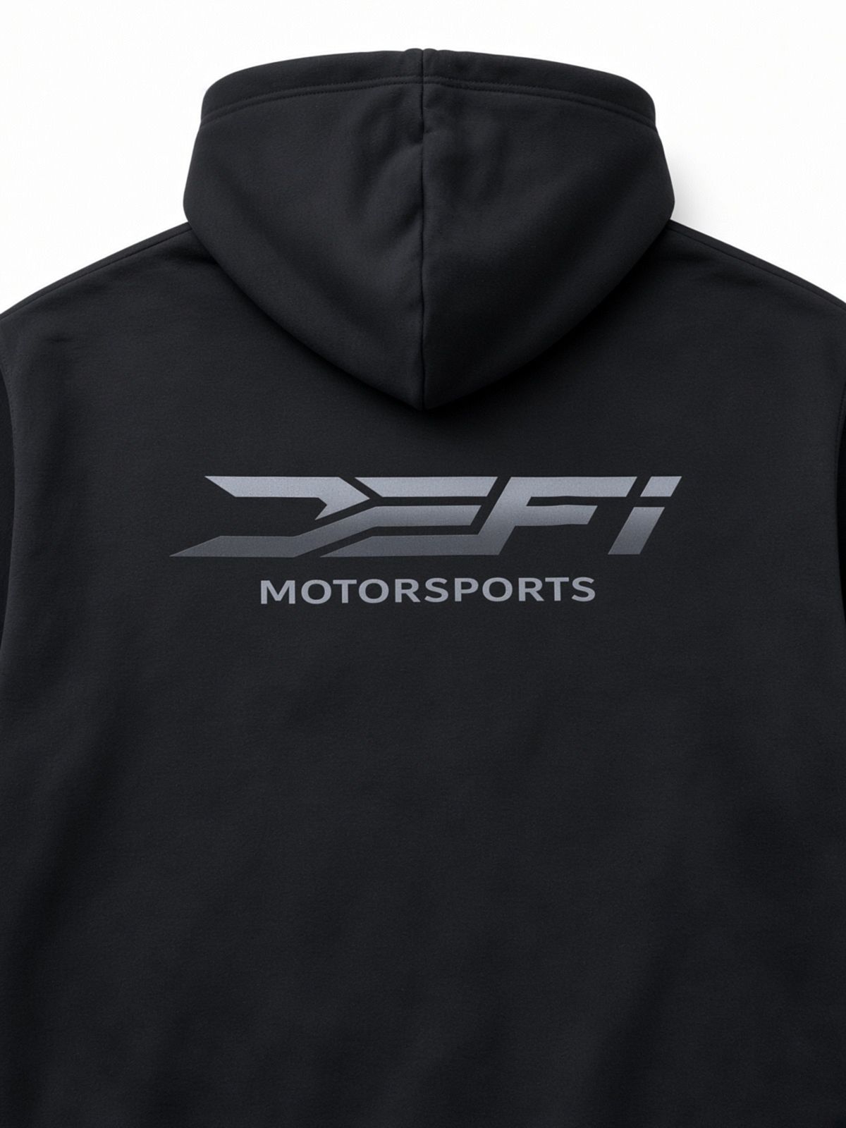 Close-up of the silver DEFI Motorsports lockup on the back of the black hoodie