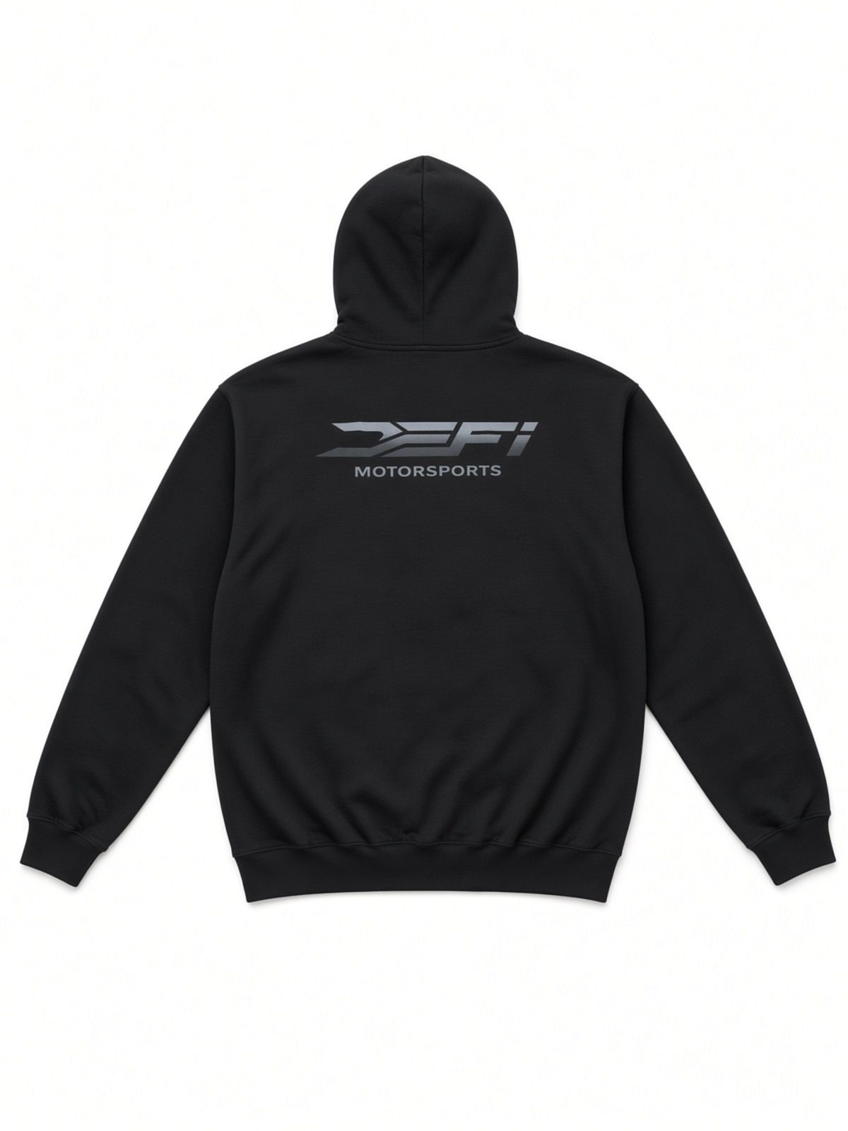 Black DEFI Motorsports hoodie, back, with the silver DEFI Motorsports lockup