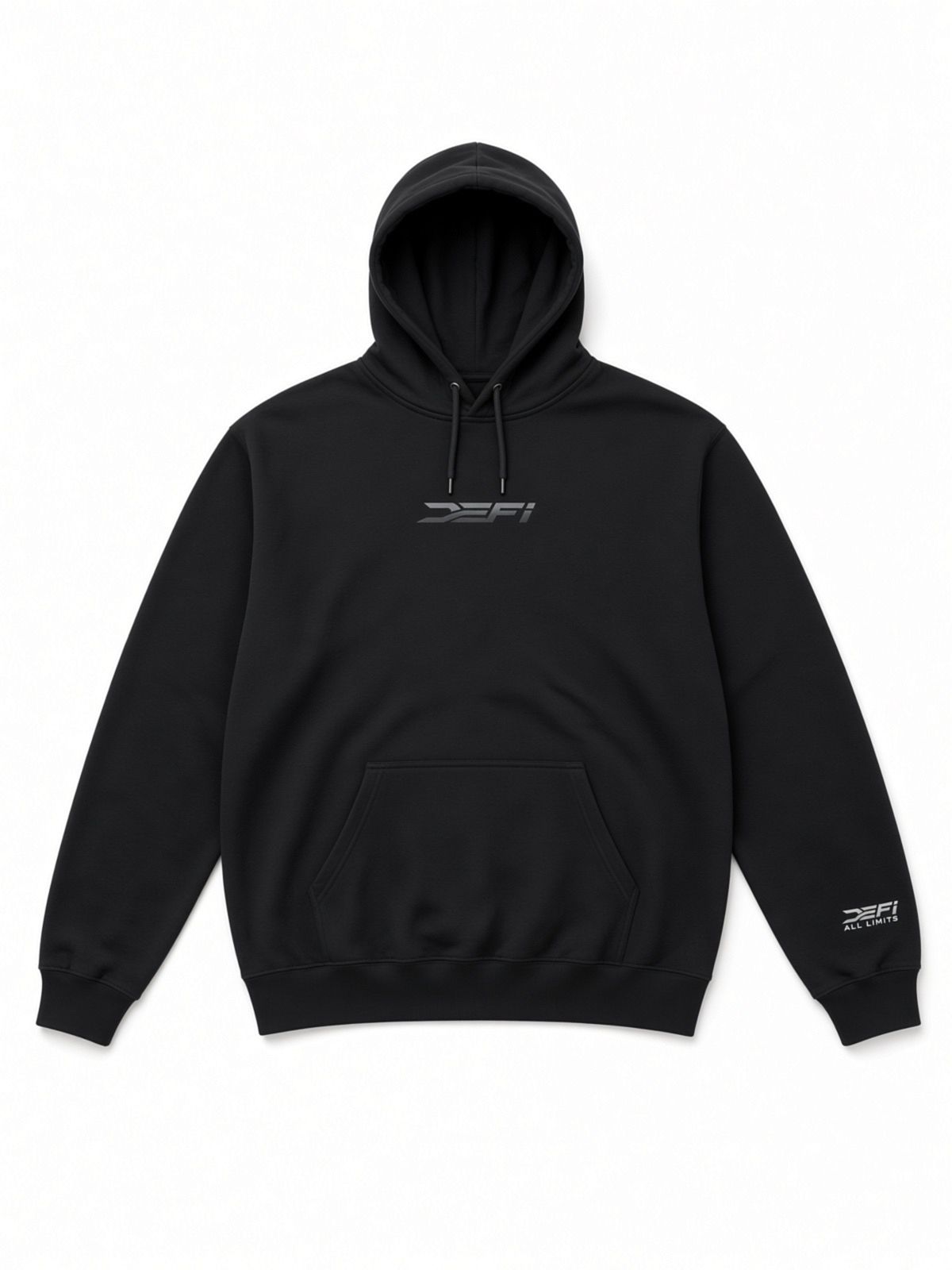 Black DEFI Motorsports hoodie, front, with the silver DEFI mark on the chest