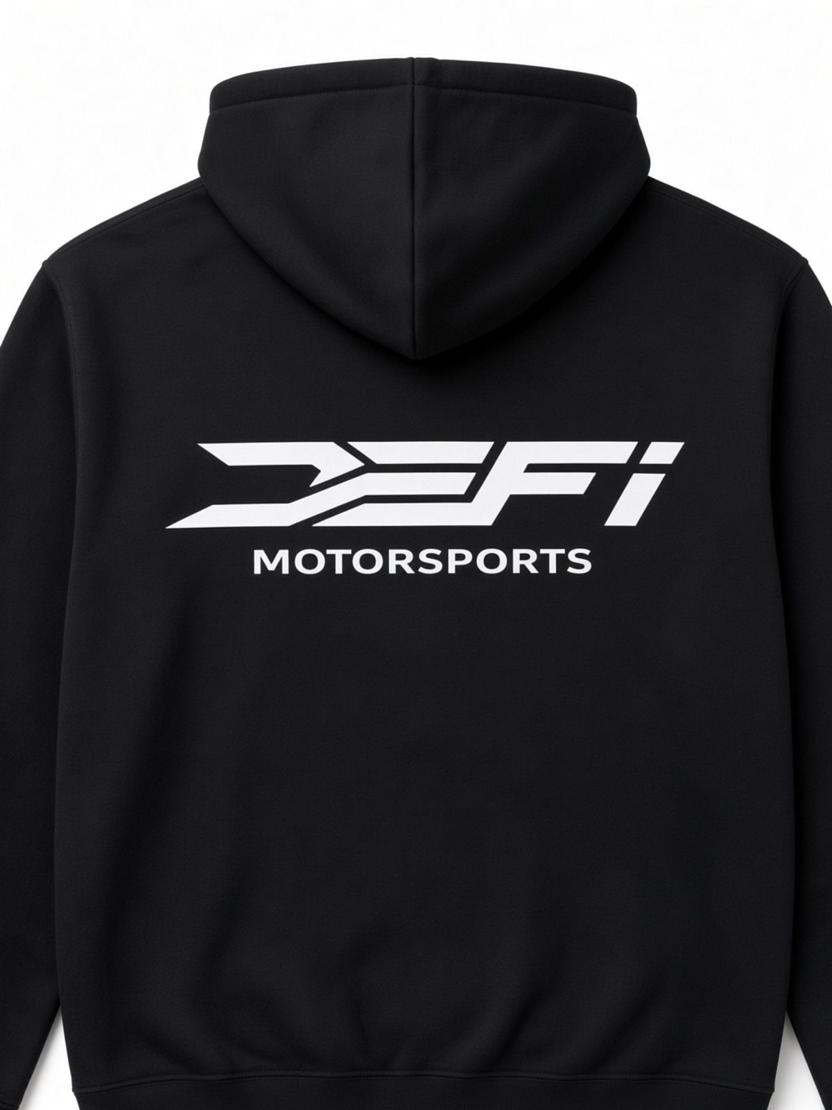 Close-up of the white DEFI Motorsports lockup on the back of the black hoodie