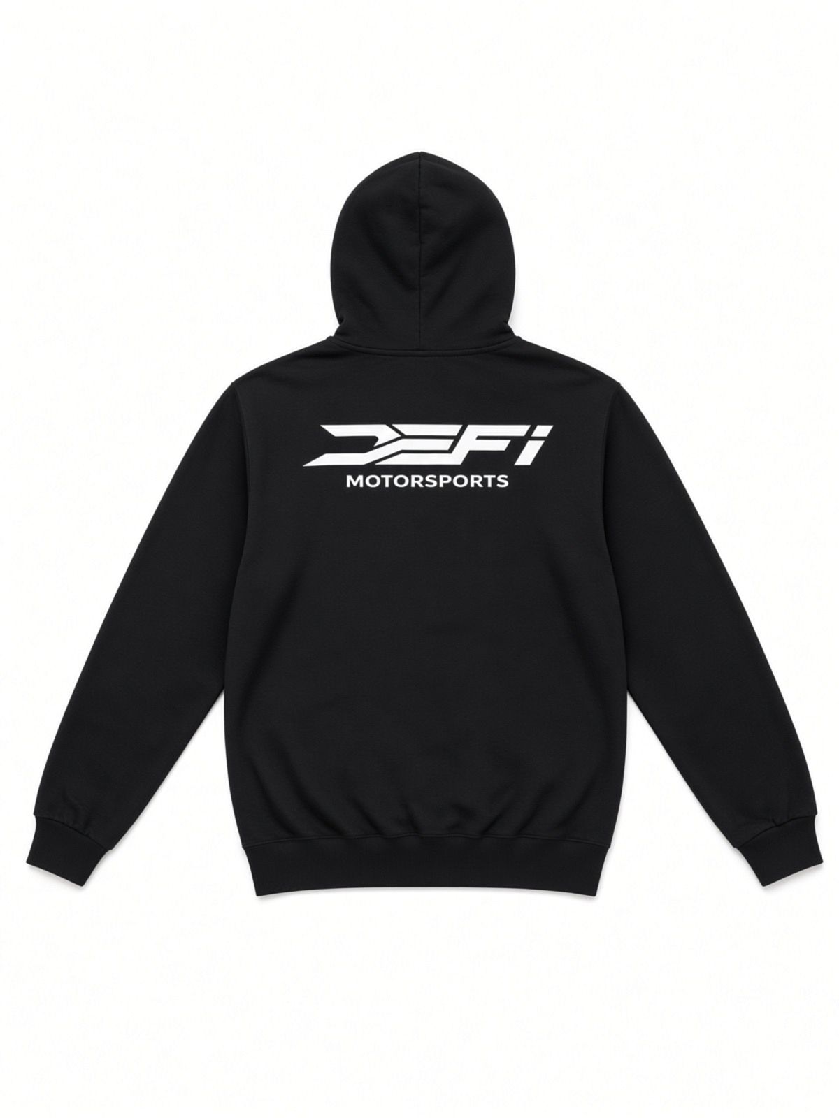 Black DEFI Motorsports hoodie, back, with the white DEFI Motorsports lockup