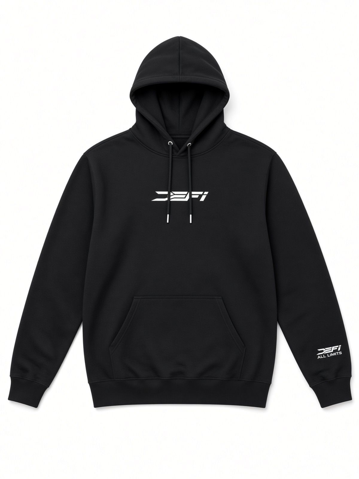 Black DEFI Motorsports hoodie, front, with the white DEFI mark on the chest