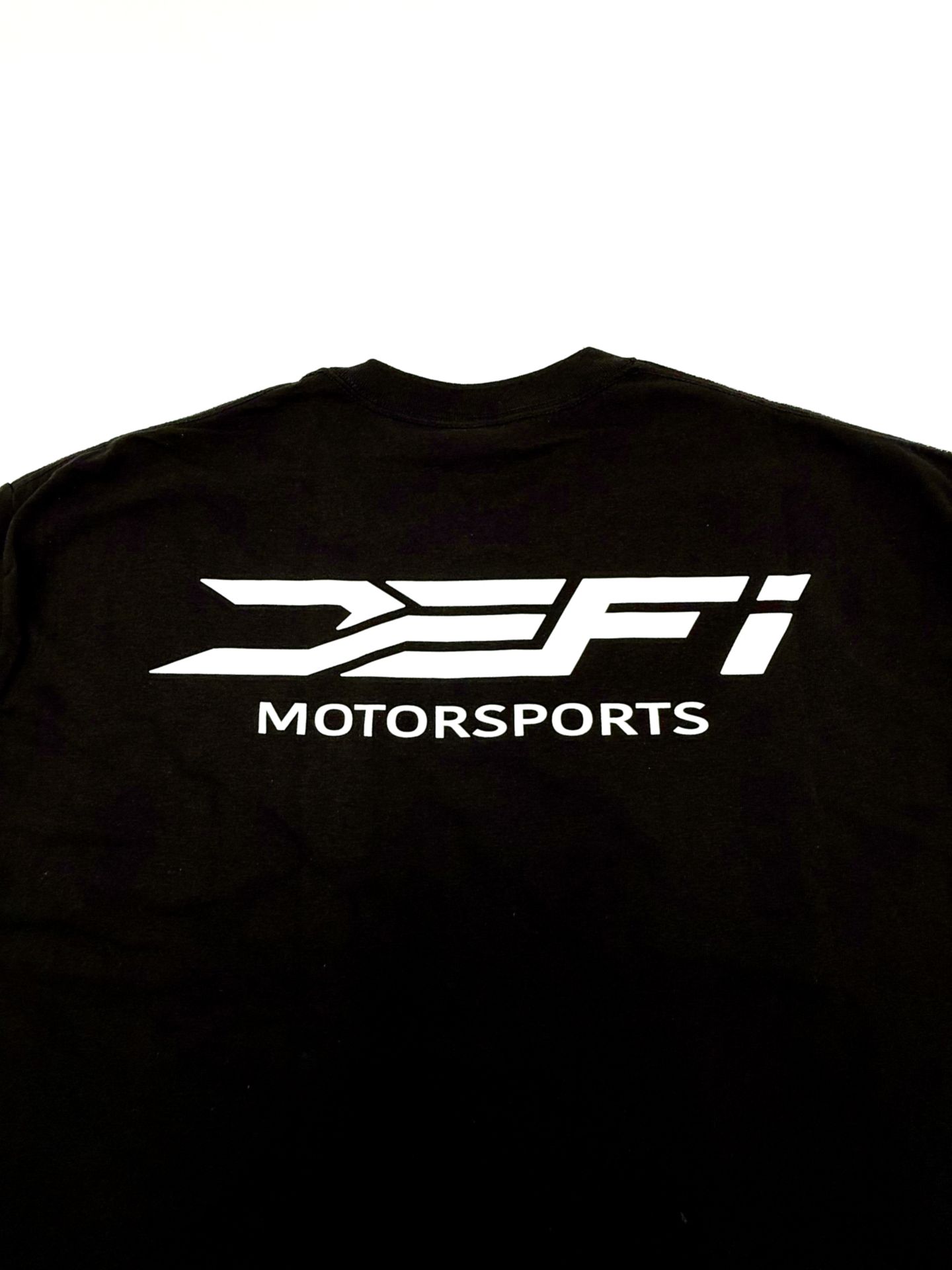 Black DEFI Motorsports t-shirt, back, with the full DEFI Motorsports lockup