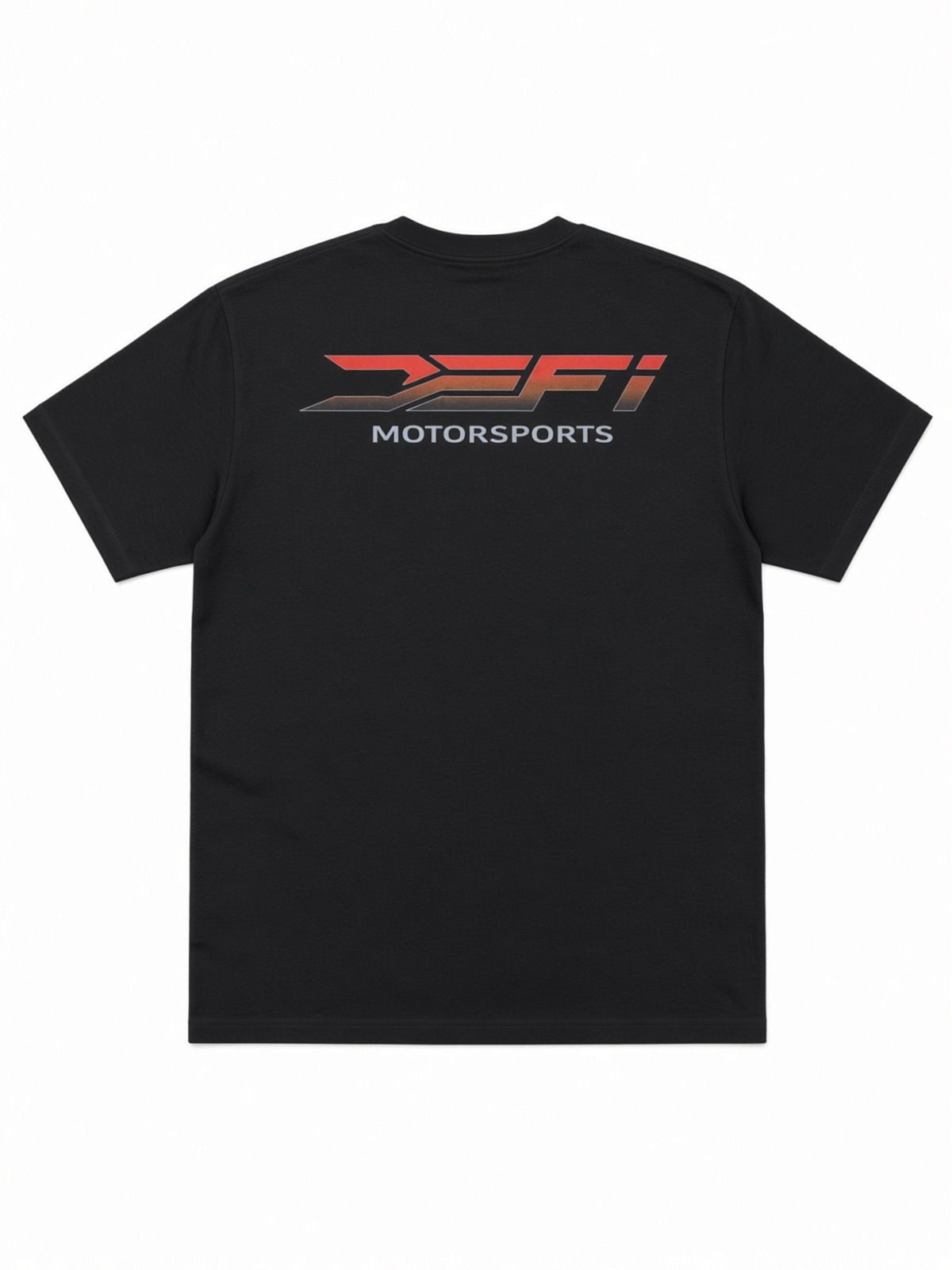 Black DEFI Motorsports t-shirt, back, with the red DEFI Motorsports lockup across the shoulders
