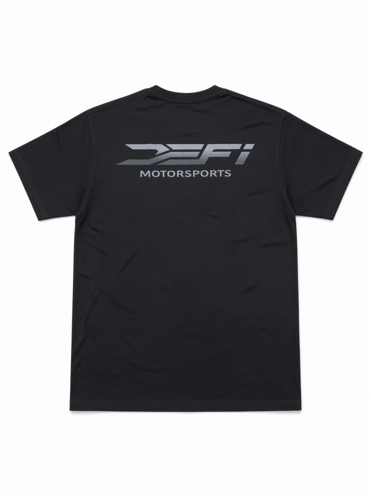 Black DEFI Motorsports t-shirt, back, with the silver DEFI Motorsports lockup across the shoulders