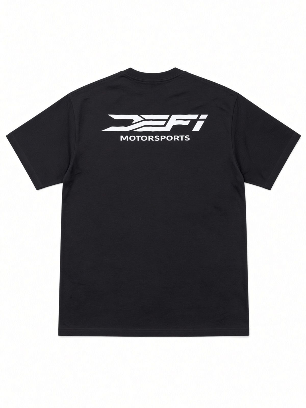 Black DEFI Motorsports t-shirt, back, with the white DEFI Motorsports lockup across the shoulders
