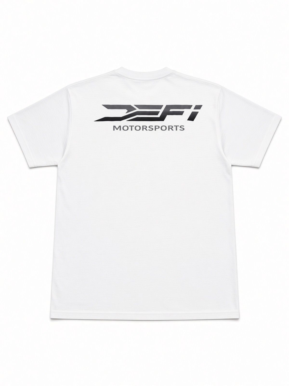 White DEFI Motorsports t-shirt, back, with the black DEFI Motorsports lockup across the shoulders