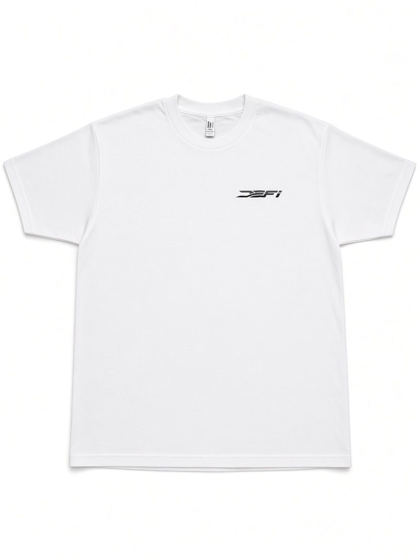 White DEFI Motorsports t-shirt, front, with the black DEFI mark on the chest