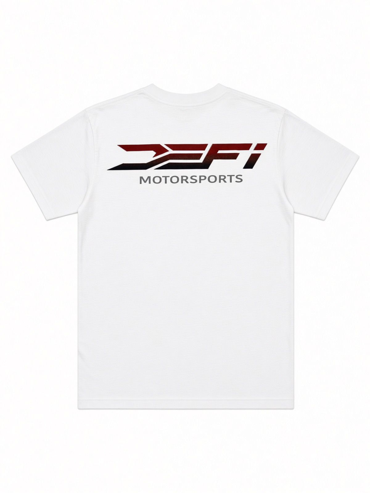 White DEFI Motorsports t-shirt, back, with the red DEFI Motorsports lockup across the shoulders