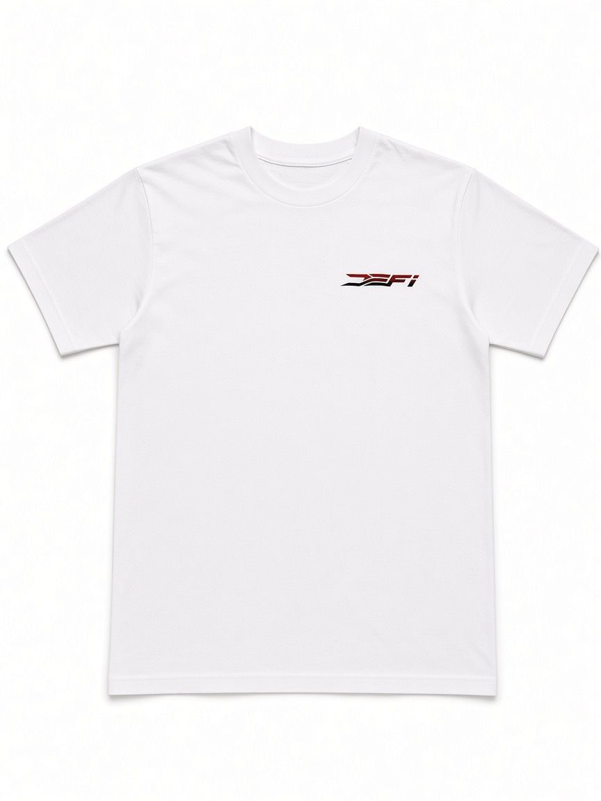 White DEFI Motorsports t-shirt, front, with the red DEFI mark on the chest