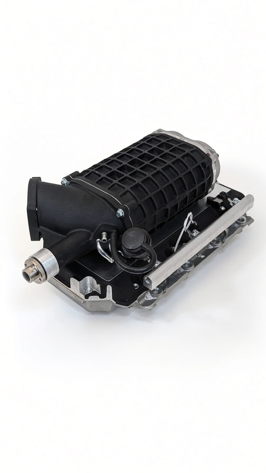 Magnuson TVS2300 Hot Rod supercharger for LS3 from the drive end, showing the supercharger snout, bypass valve and rotor housing