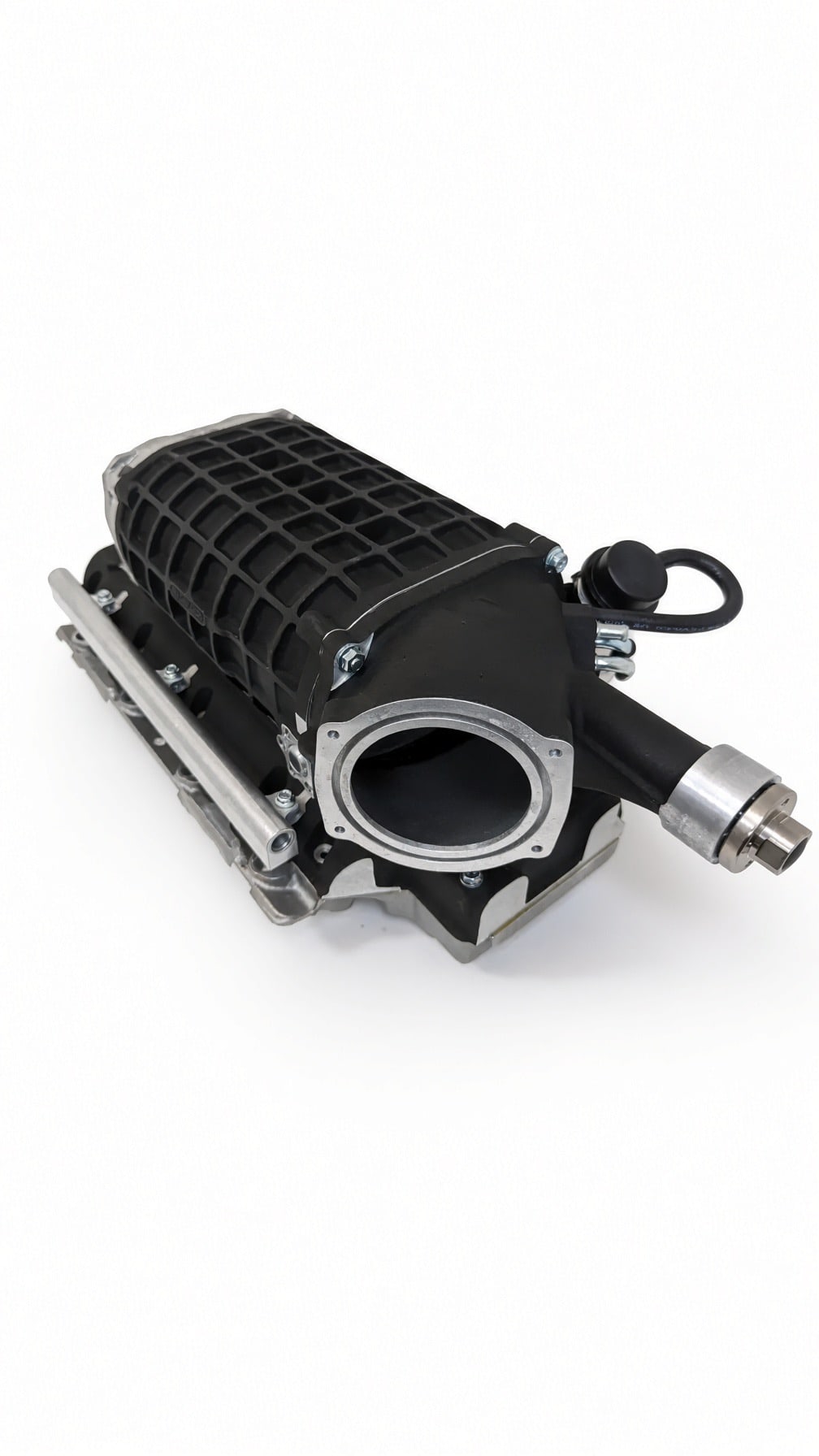 Magnuson TVS2300 Hot Rod supercharger for LS3, inlet end, showing the throttle body flange, intercooler lid and anodized fuel rail