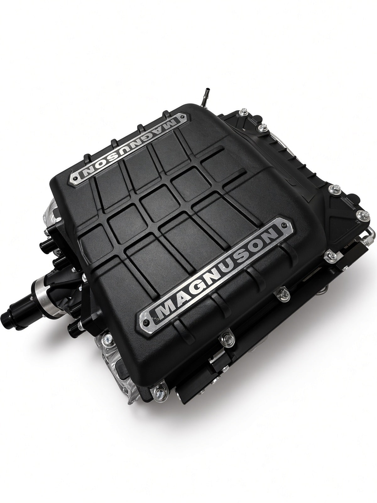 Magnuson Magnum TVS2650 Hot Rod supercharger for LT1 and LT4 engines, wrinkle black lid with Magnuson badges, showing the 90mm air inlet and intercooler water ports