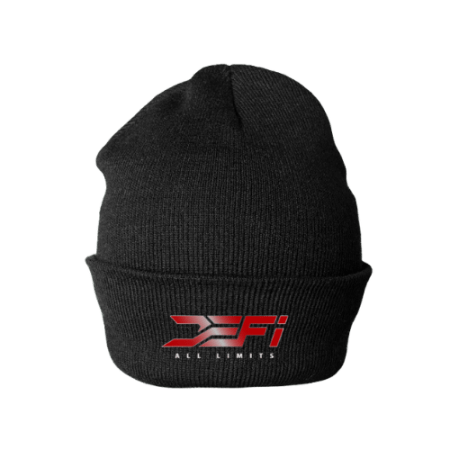red mono on black beanie-front