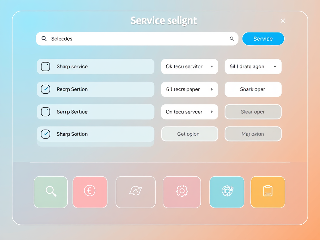 User interface for a service selection menu, featuring various service options and a search bar.